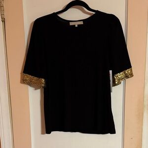 Stylish Black Tee with Gold Sequin Sleeves